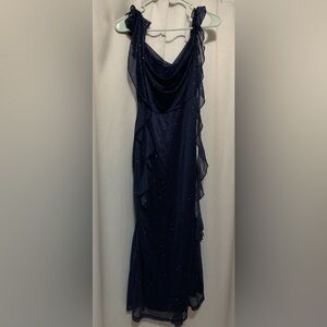 Navy Blue Sheer Sparkle Evening Dress